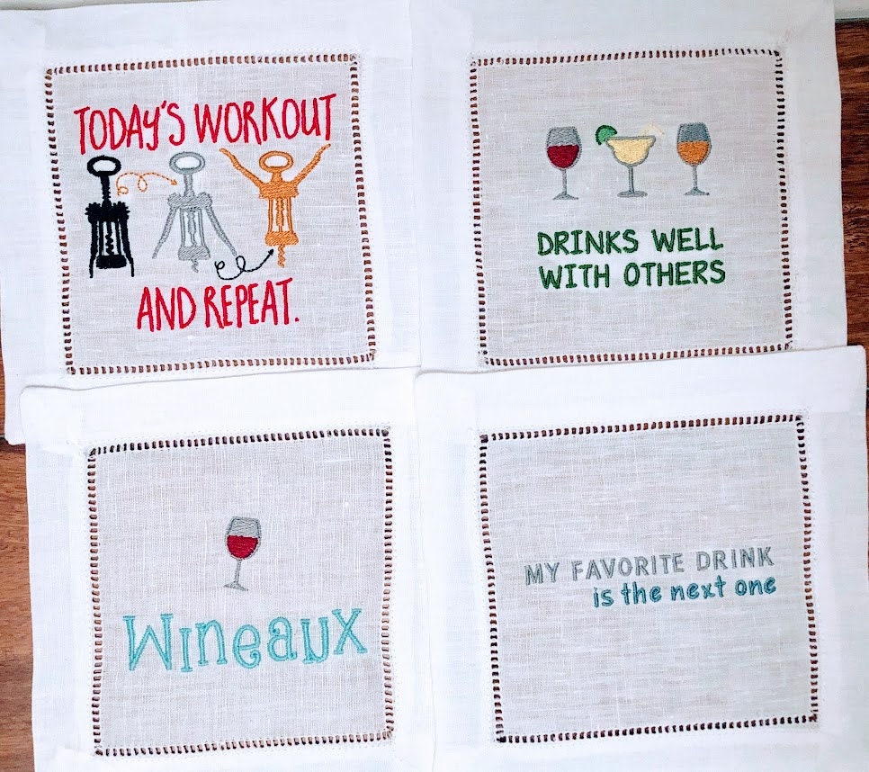 Custom Embroidered, Personalized Whimsical Linen Cocktail Napkins Set of 4