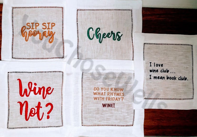 Custom Embroidered, Personalized Whimsical Linen Cocktail Napkins Set of 4