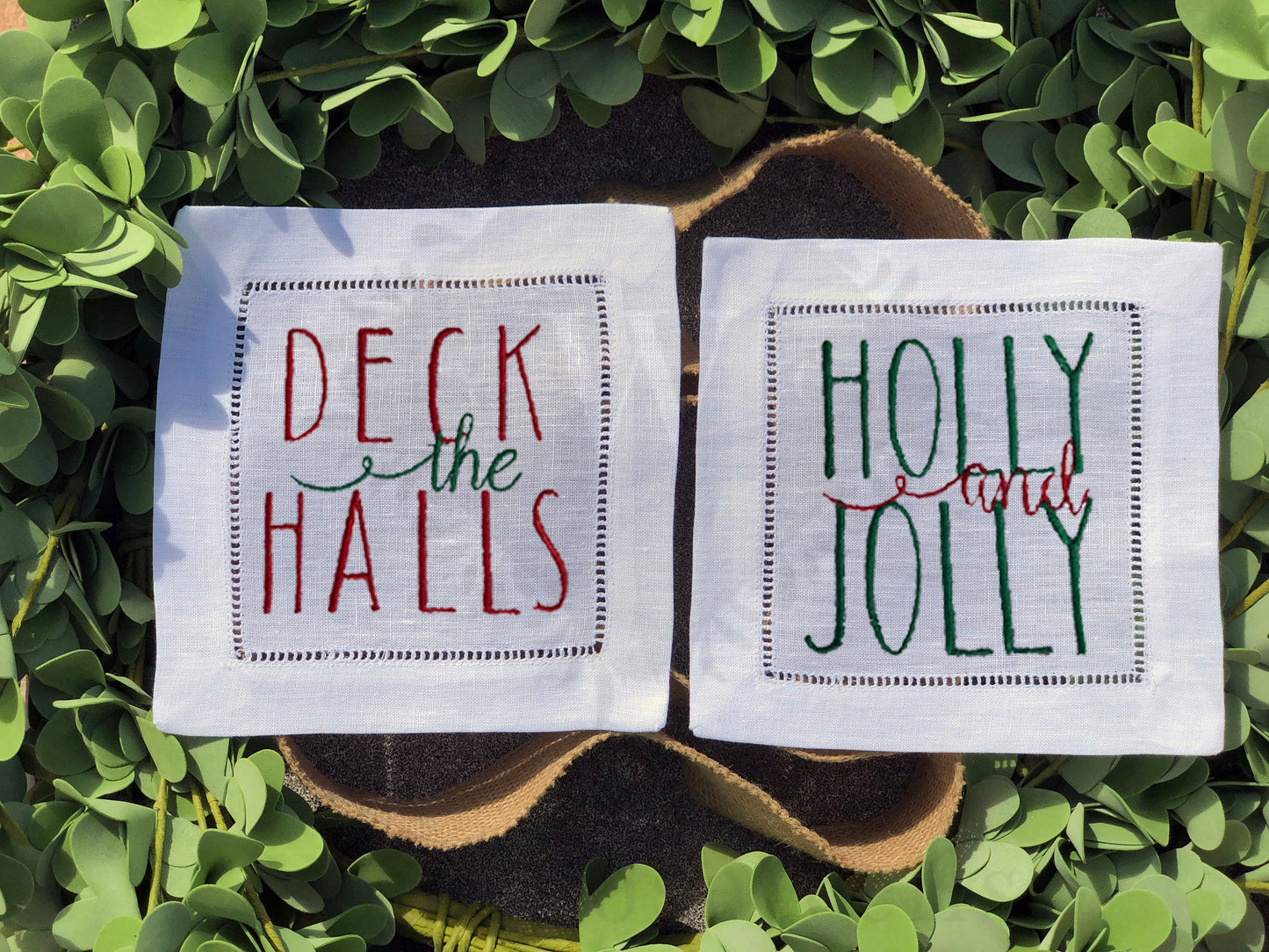 Custom Embroidered, Holly and Jolly, Deck the Halls, Merry and Bright, Peace on Earth Holiday Cheer Linen Hemstitch Cocktail Napkins Set of 4