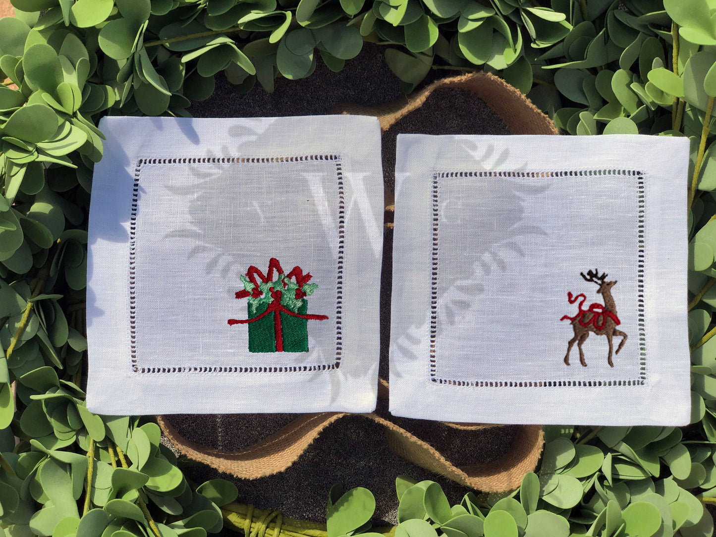 Holiday Embroidered Linen Hemstitch Cocktail Napkins Set of 4