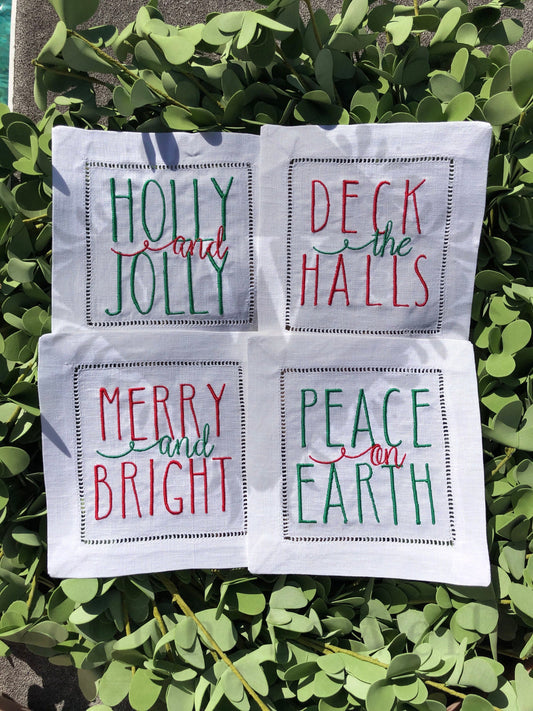 Custom Embroidered, Holly and Jolly, Deck the Halls, Merry and Bright, Peace on Earth Holiday Cheer Linen Hemstitch Cocktail Napkins Set of 4