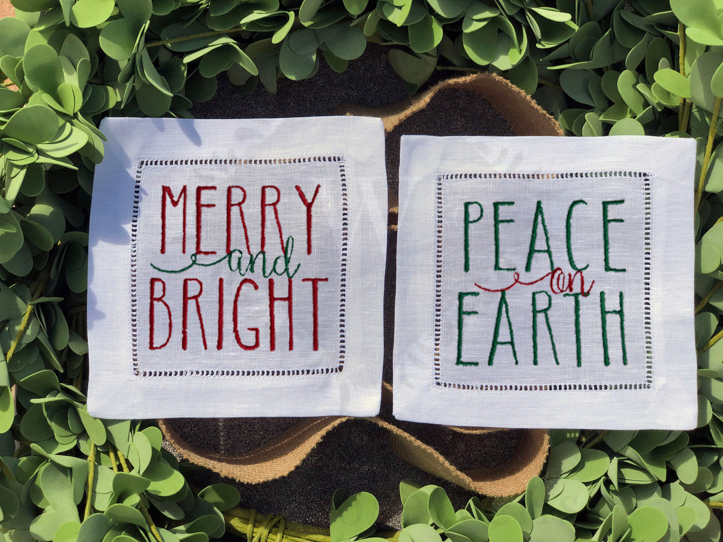 Custom Embroidered, Holly and Jolly, Deck the Halls, Merry and Bright, Peace on Earth Holiday Cheer Linen Hemstitch Cocktail Napkins Set of 4