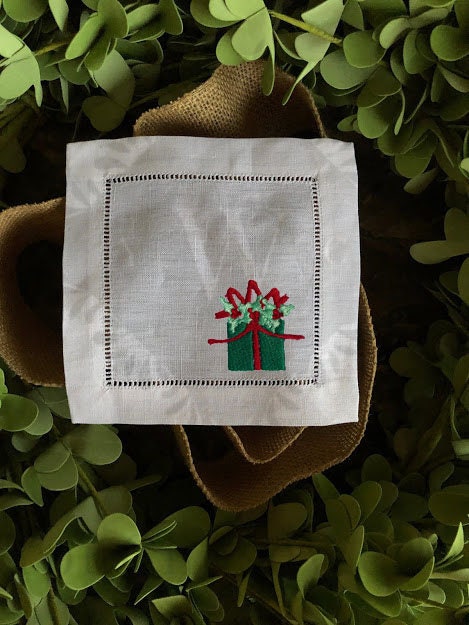 Holiday Embroidered Linen Hemstitch Cocktail Napkins Set of 4