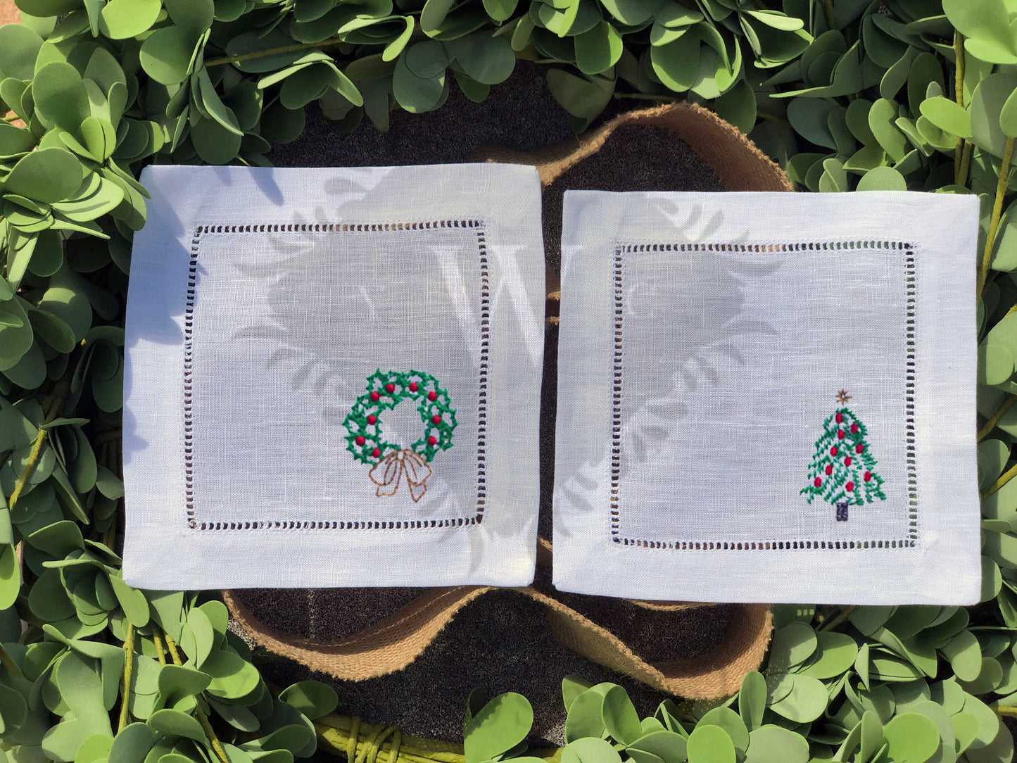 Holiday Embroidered Linen Hemstitch Cocktail Napkins Set of 4