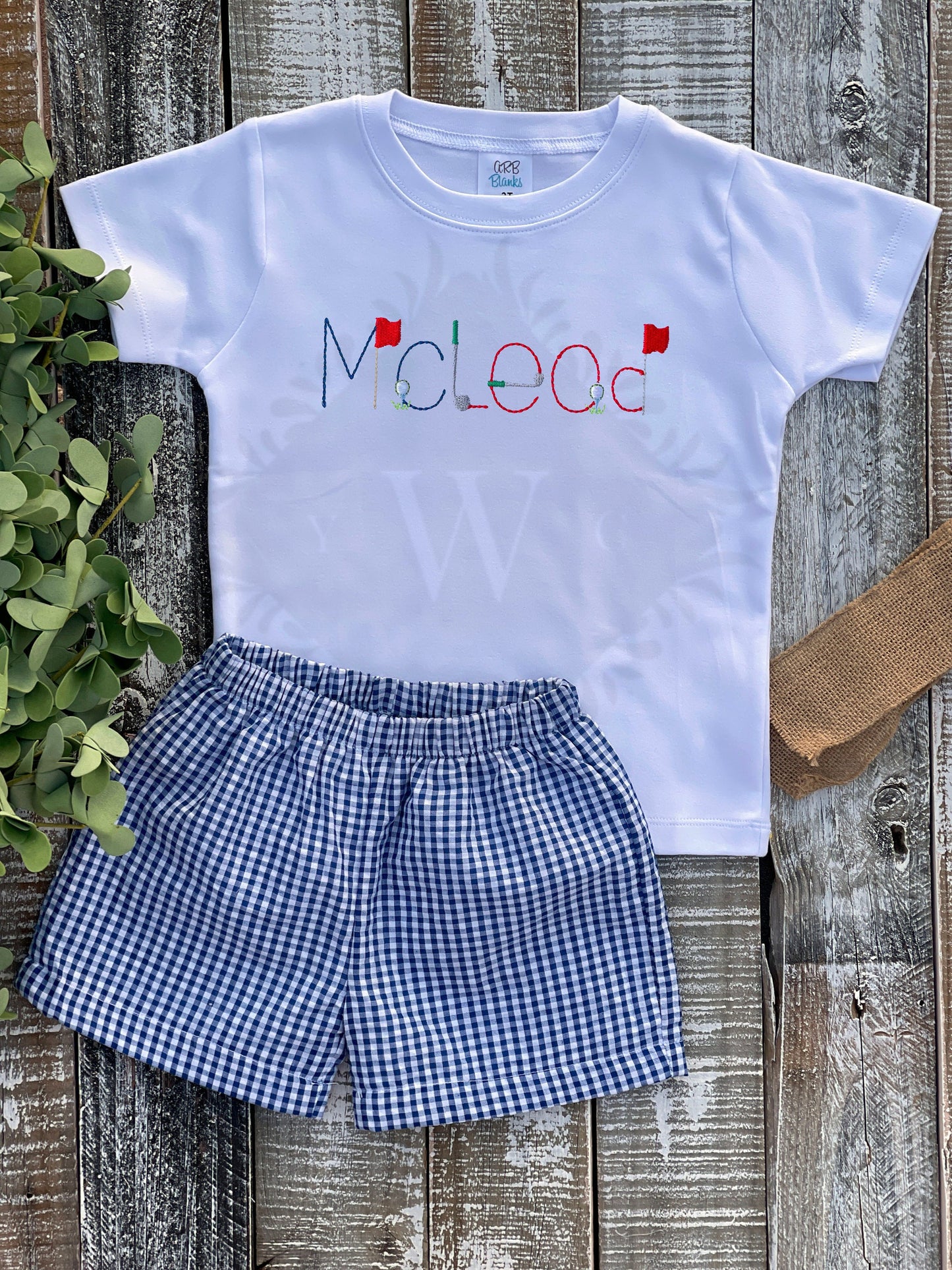 Custom Embroidered, Monogrammed, Personalized Golf Name Shirt and Red, Navy, and Blue Seersucker Gingham Short Set