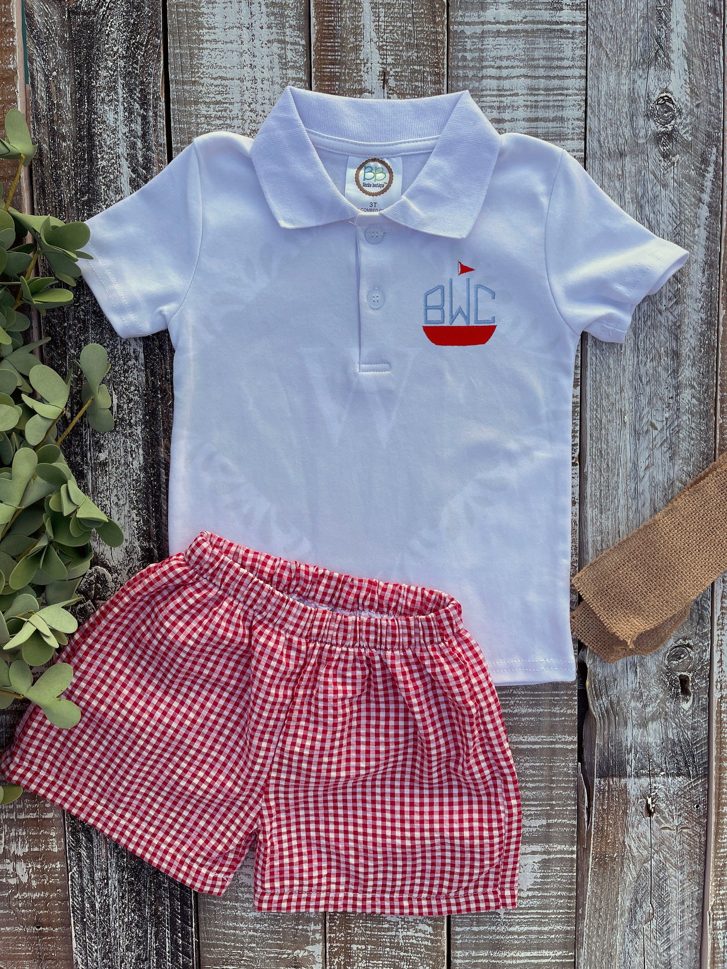 Custom Embroidered, Personalized Sailboat Monogram Polo Shirt and Red or Blue Seersucker Gingham Short Set