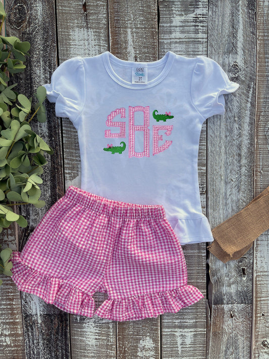 Personalized Girl Scalloped Applique Monogram with Alligator Ruffle Shirt and Pink Seersucker Gingham Short Set, Little Girl Gator, Custom