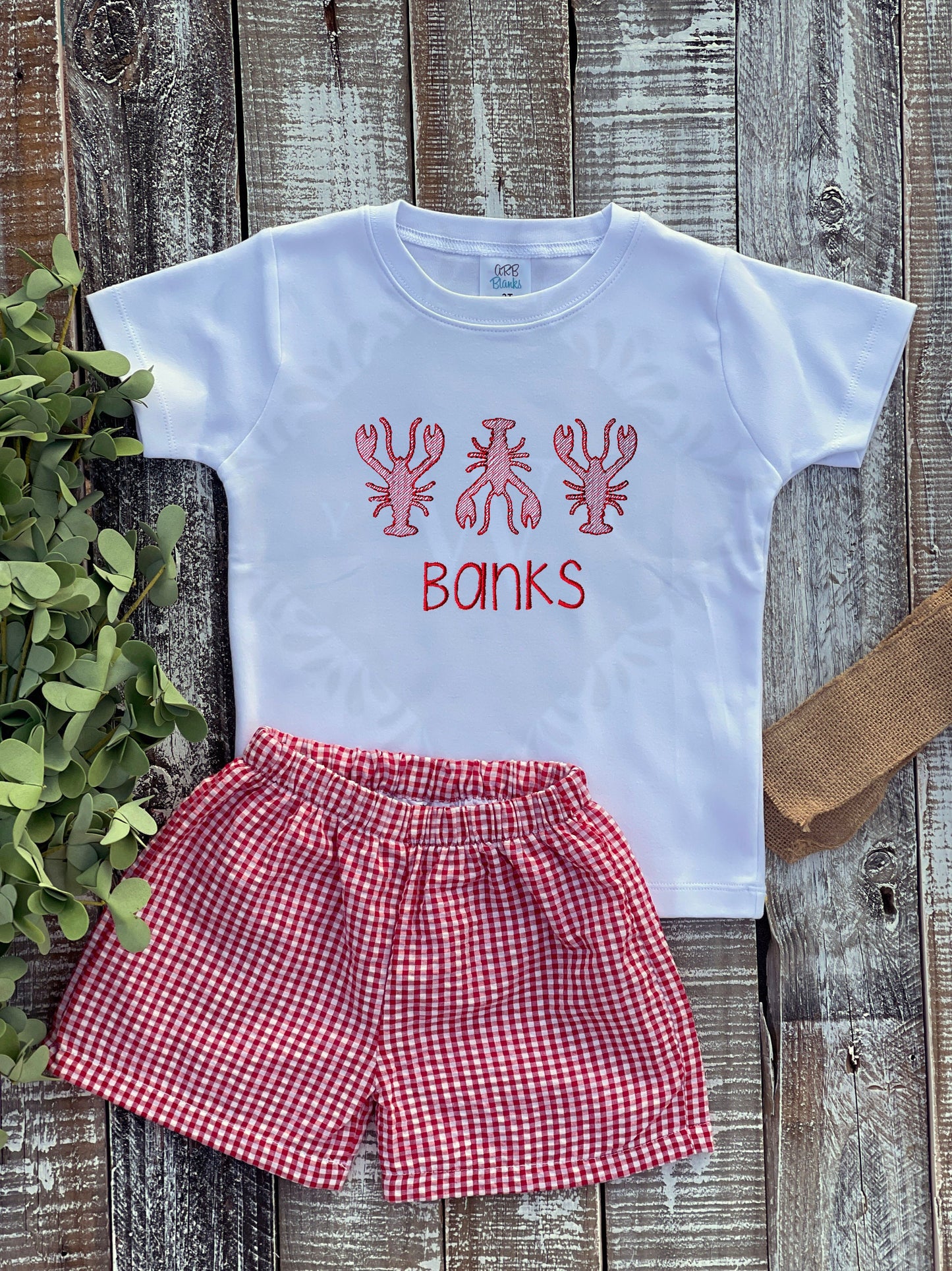 Lobster Trio Sketch with Name Shirt and Seersucker Gingham Short Set