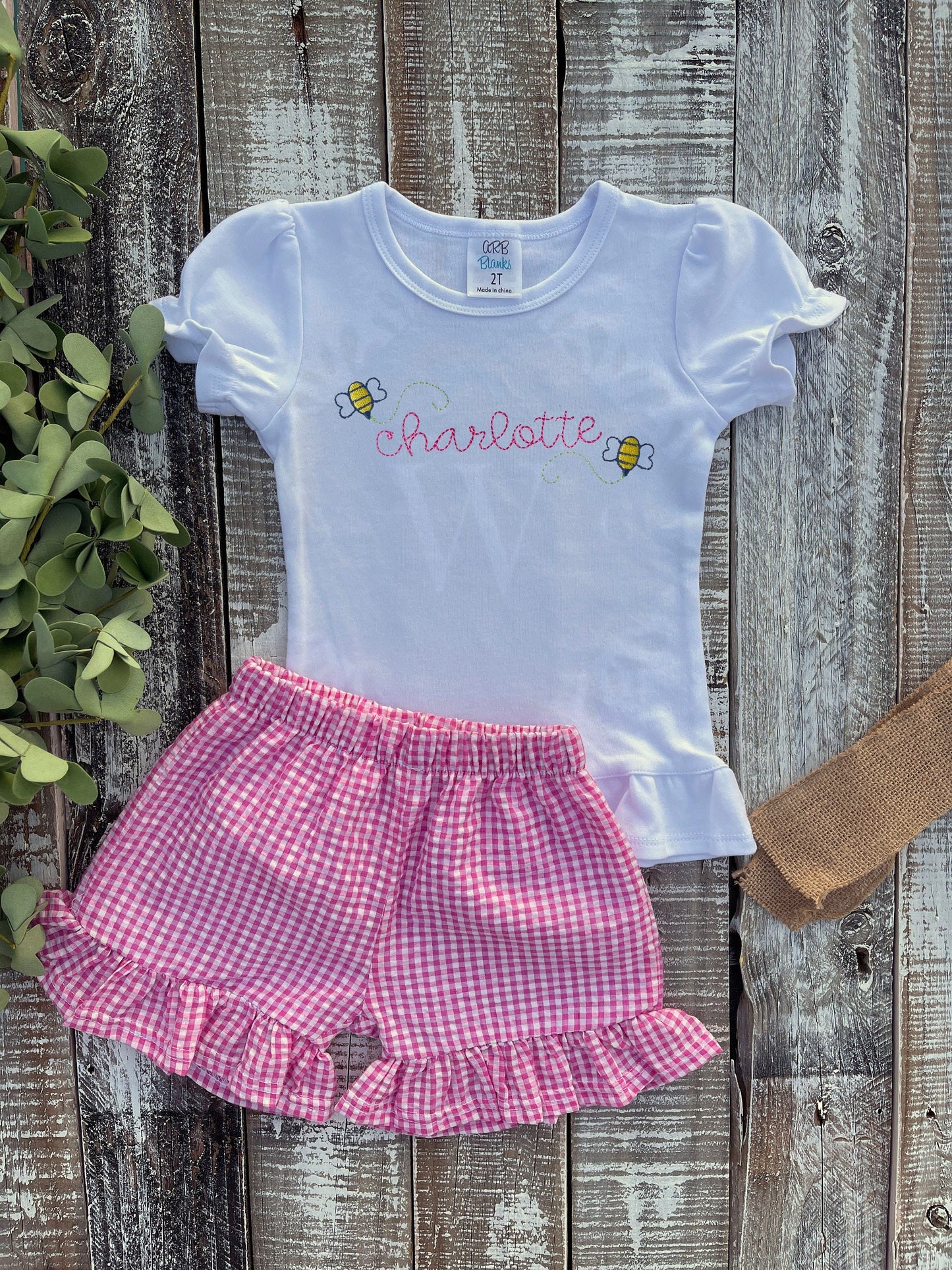 Girls/Baby Bees Monogram Shirt with Ruffle Shirt and Pink Seersucker Short Set