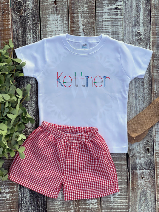 Custom Embroidered, Monogrammed, Personalized Golf Name Shirt and Red, Navy, and Blue Seersucker Gingham Short Set