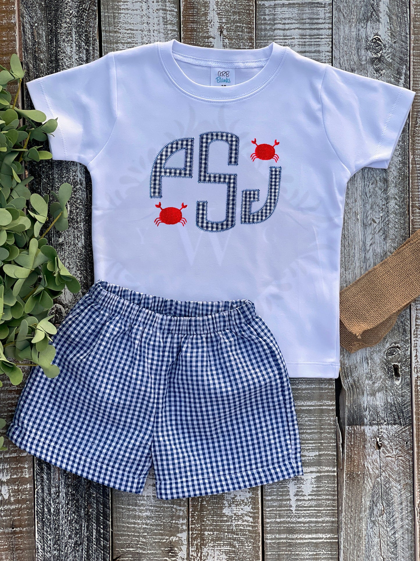 Personalized Baby Boy, Boy Applique Monogram with Crab Shirt and Navy Seersucker Gingham Short Set, Summer Outfit, Back to School Outfit