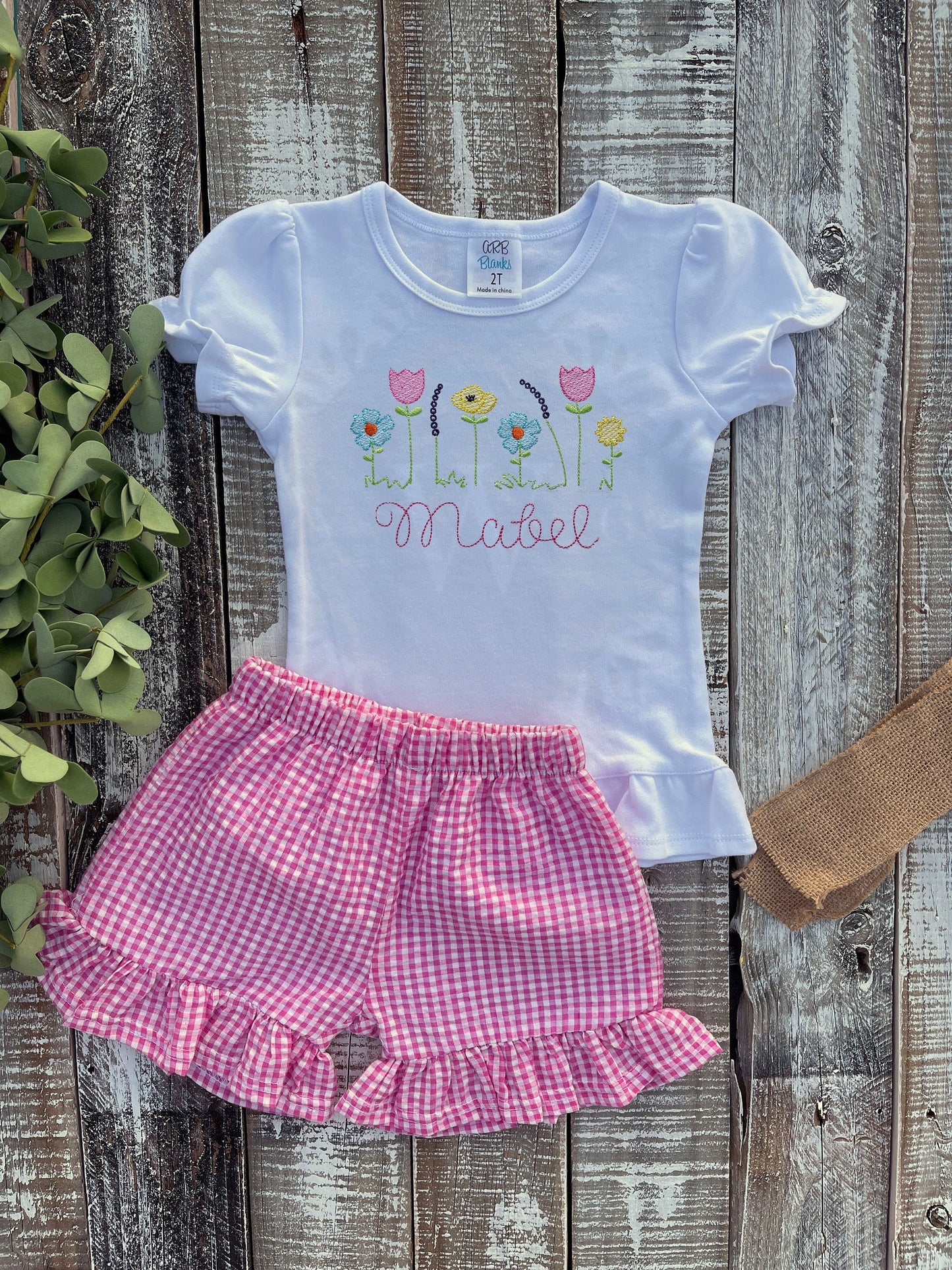 Custom Embroidered, Personalized Flower Sketch Ruffle Shirt and Pink Seersucker Gingham Short Set