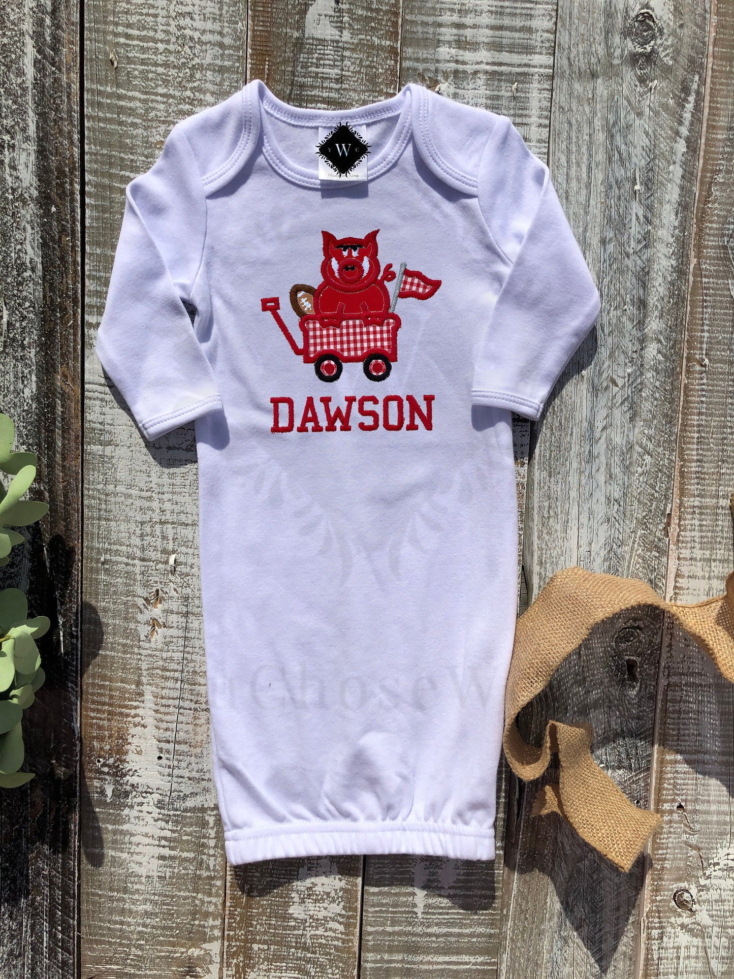 Baby Girl Baby Boy, Girl, Boy Football University of Arkansas Razorback Hog Applique, Team Spirit, College Game Day Custom, Personalized