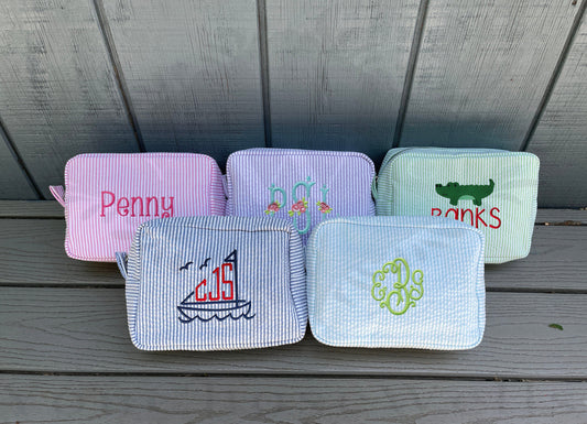 Monogrammed Seersucker Cosmetic Bags, Personalized Seersucker Cosmetic Bags, Custom Baby, Children's, Moms Seersucker Cosmetic bag