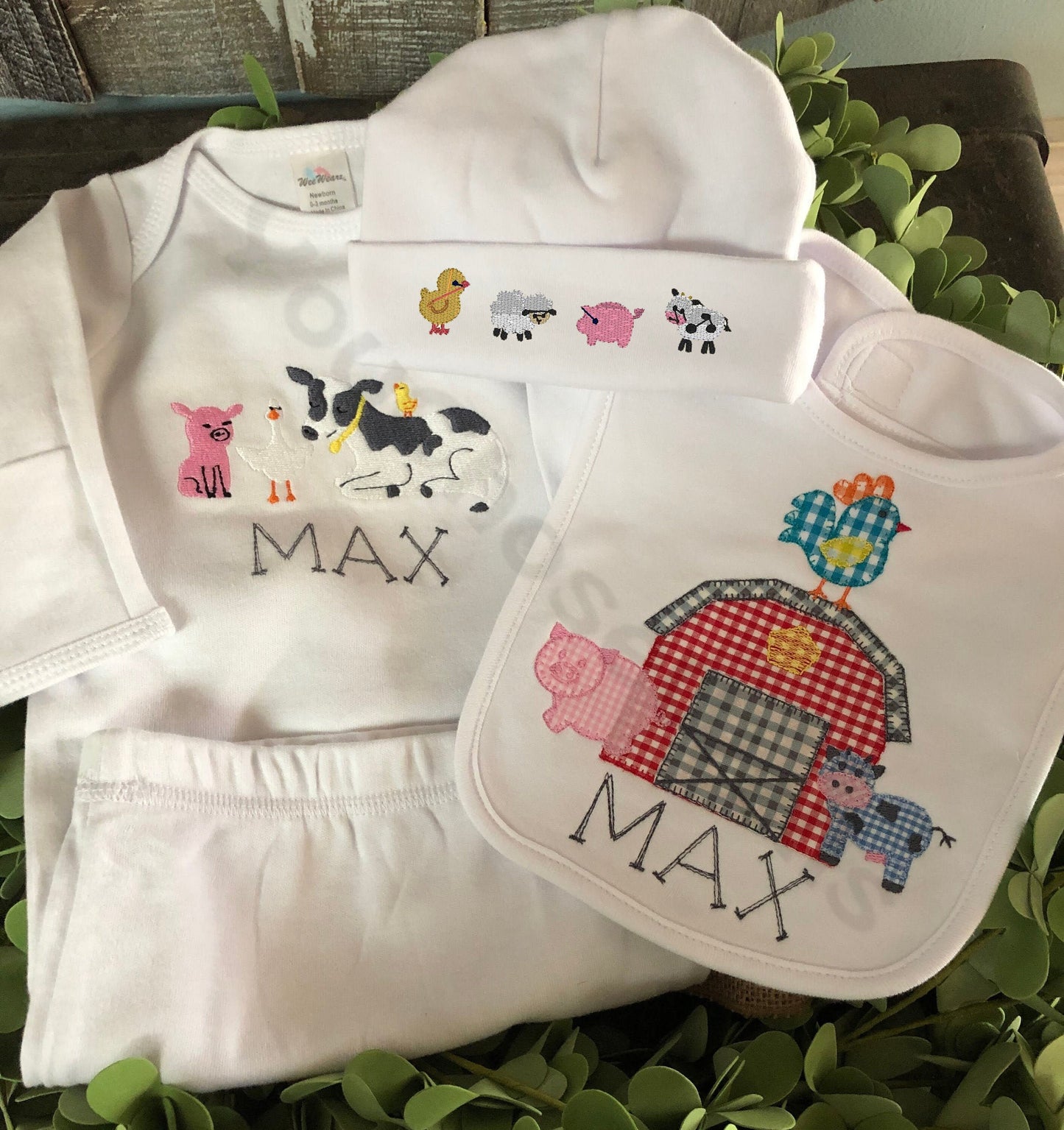 Custom Embroidered, Monogrammed, Personalized Farm Friends Gown, Bib, Hat and/or Blanket Set