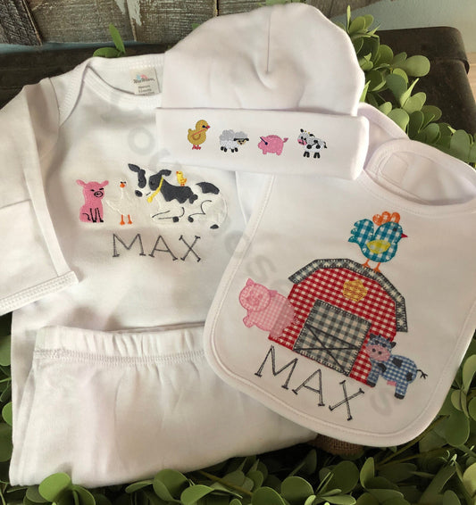 Custom Embroidered, Monogrammed, Personalized Farm Friends Gown, Bib, Hat and/or Blanket Set