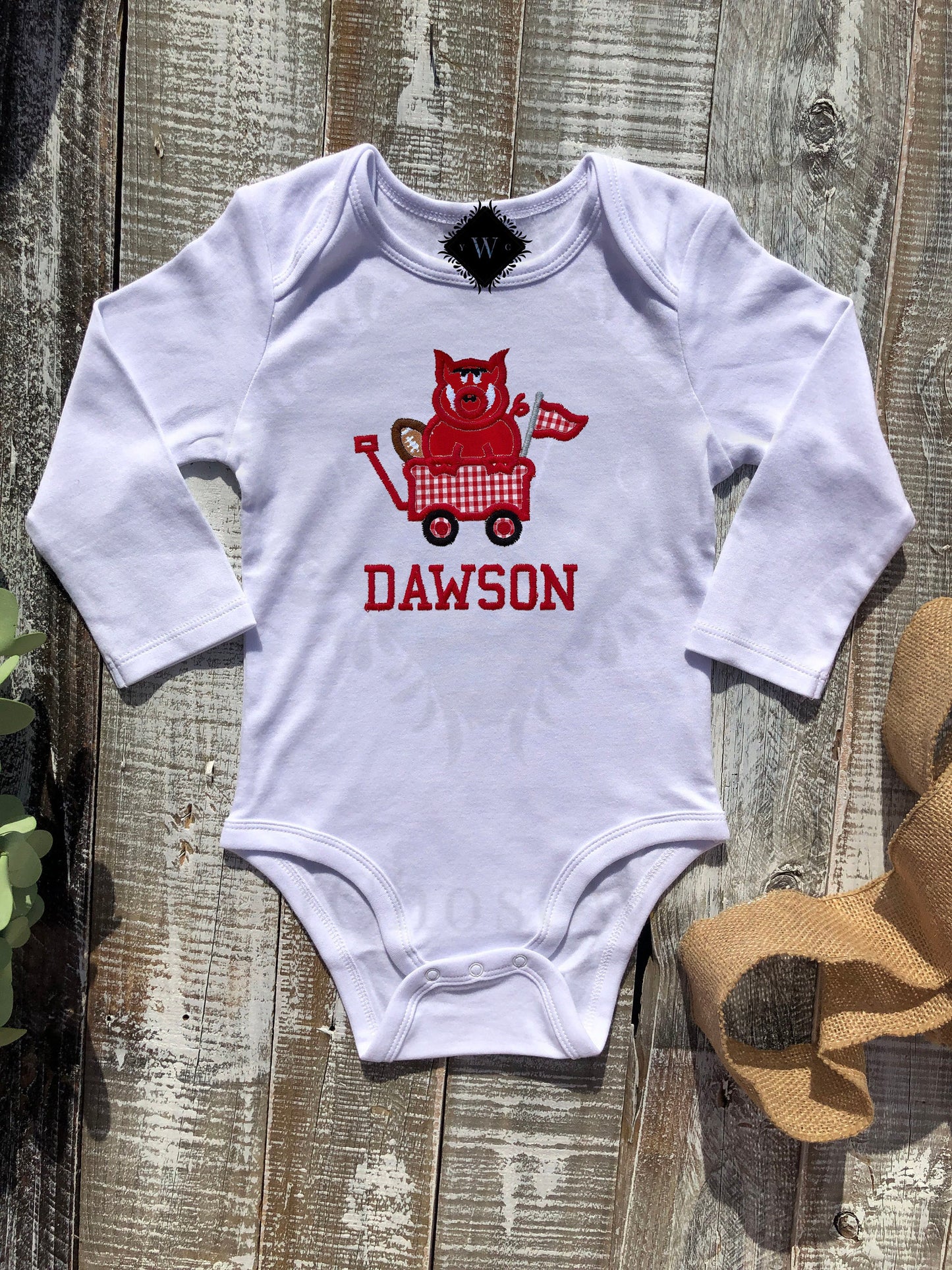 Baby Girl Baby Boy, Girl, Boy Football University of Arkansas Razorback Hog Applique, Team Spirit, College Game Day Custom, Personalized