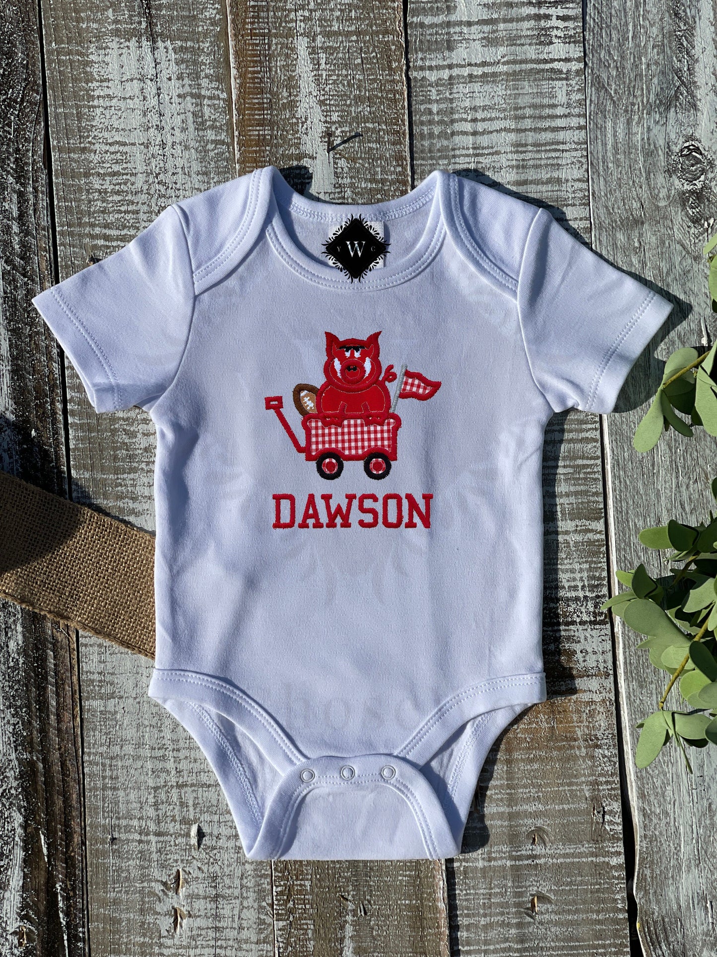 Baby Girl Baby Boy, Girl, Boy Football University of Arkansas Razorback Hog Applique, Team Spirit, College Game Day Custom, Personalized