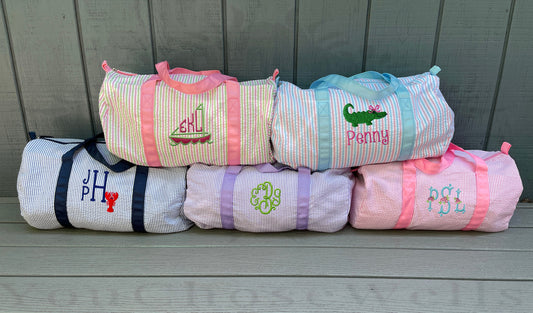 Monogrammed Seersucker Children's Duffle Bags, Personalized Seersucker Duffel Bags, Custom Children's Gym Duffle Bags, Sports Bag, Travel