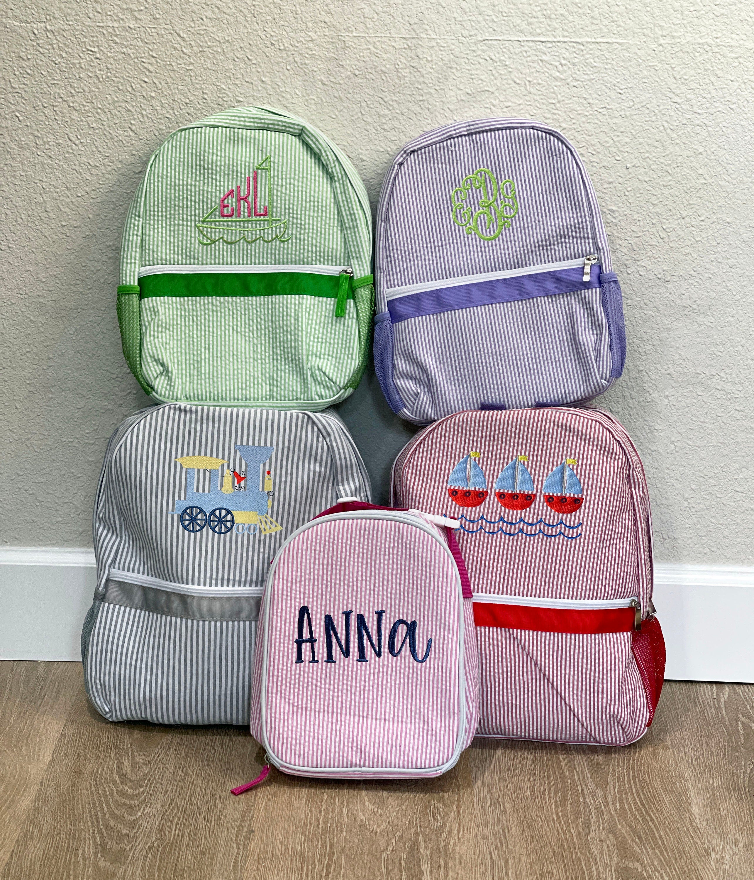 Custom Embroidered Personalized Monogrammed Seersucker Backpack Lunchbox Small Backpack Red