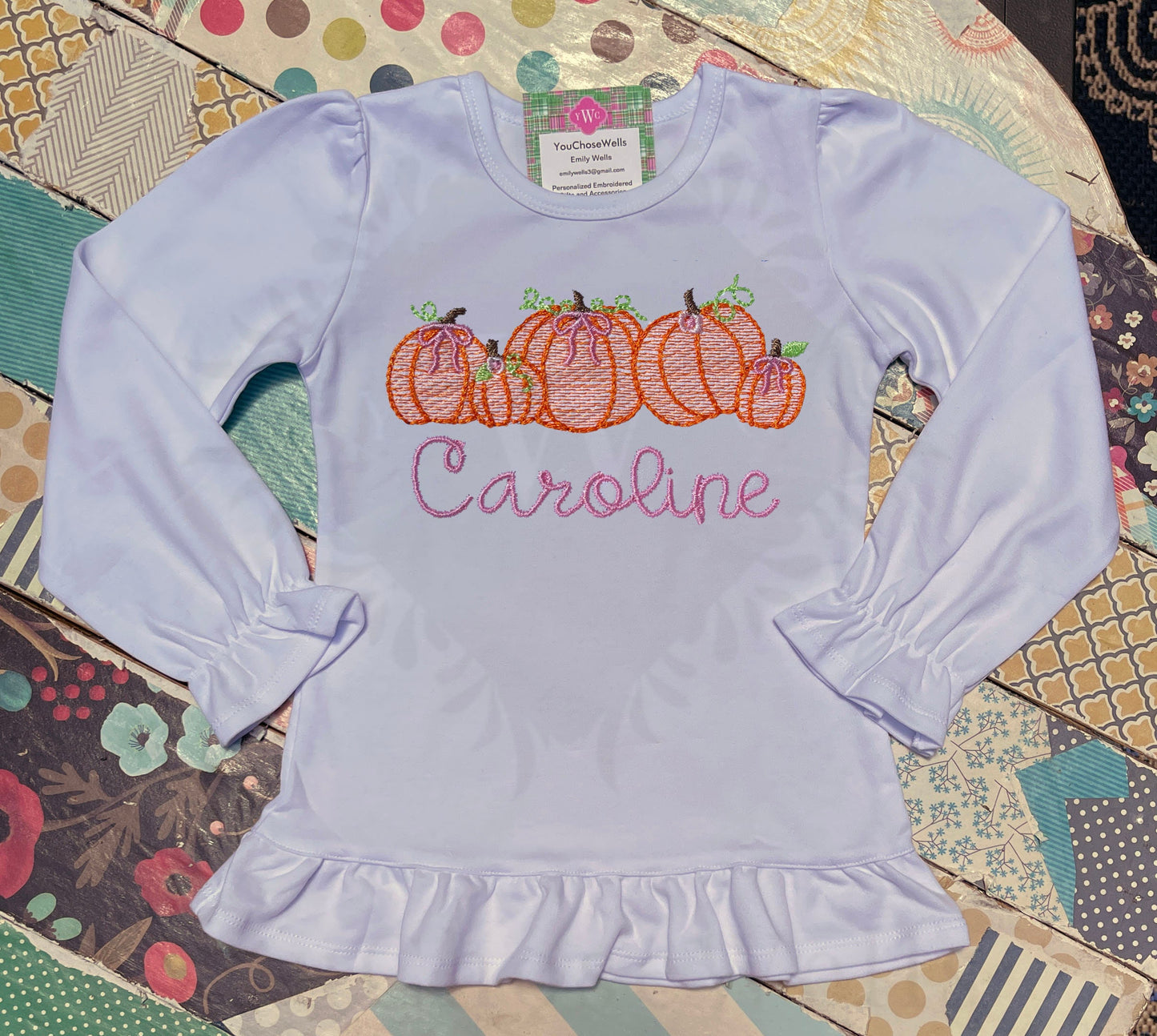 Custom Embroidered, Monogrammed, Personalized Pumpkin Row Sketch Ruffle Shirt and Orange Gingham Pant Set