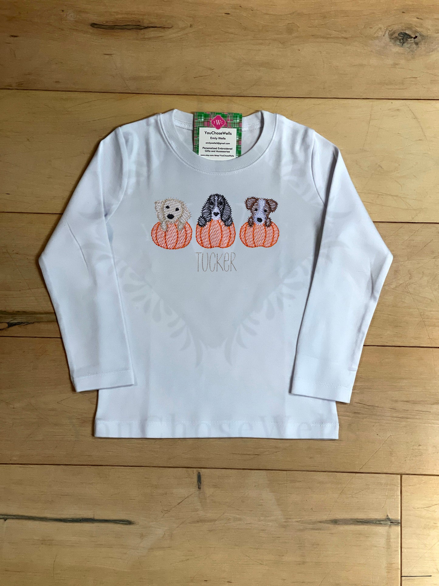 Custom Embroidered, Monogrammed, Personalized Puppy Pumpkin Trio Sketch Shirt and Orange Gingham Pant Set