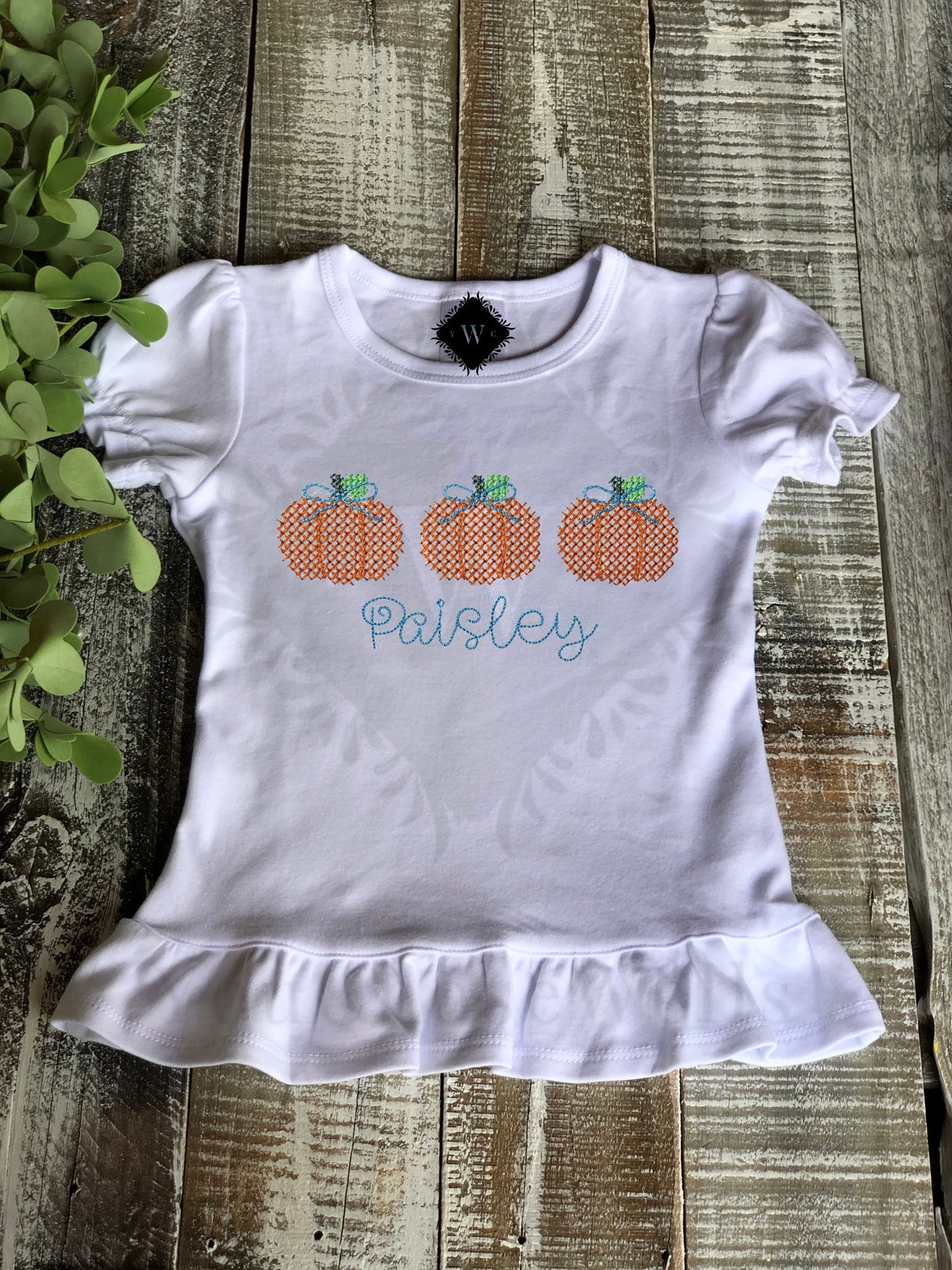 Custom Embroidered, Monogrammed, Personalized Pumpkin Trio Cross Stitch Ruffle Shirt and Orange Gingham Pants