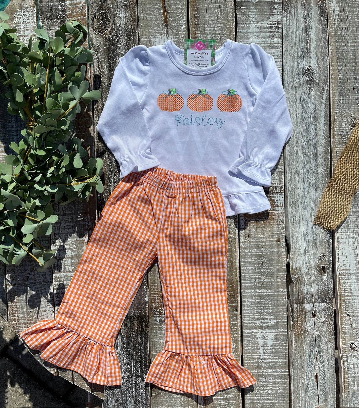 Custom Embroidered, Monogrammed, Personalized Pumpkin Trio Cross Stitch Ruffle Shirt and Orange Gingham Pants