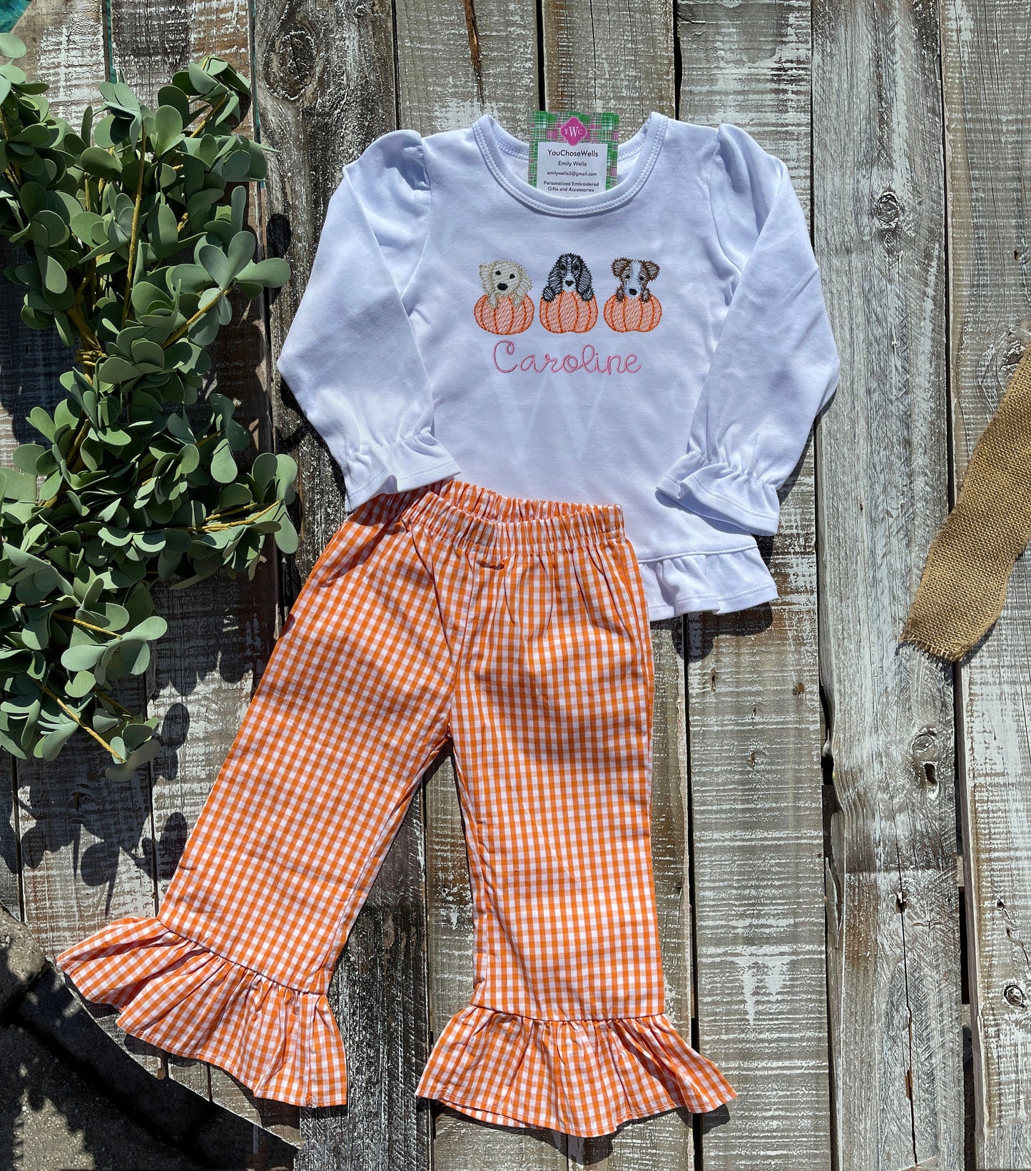 Custom Embroidered, Monogrammed, Personalized Puppy Pumpkin Trio Sketch Ruffle Shirt and Orange Gingham Pant Set