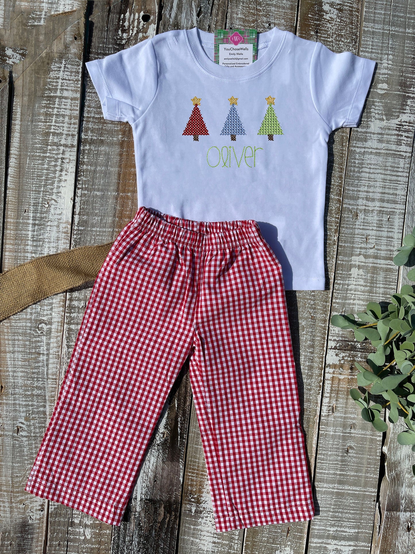 Custom Embroidered, Monogrammed, Personalized Christmas Tree Trio Cross Stitch Shirt and Red Gingham Pants