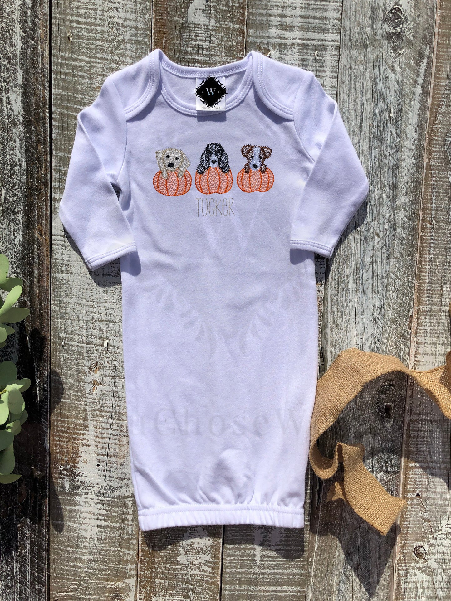 Custom Embroidered, Monogrammed, Personalized Puppy Pumpkin Trio Sketch Gown, Onesie, or Romper