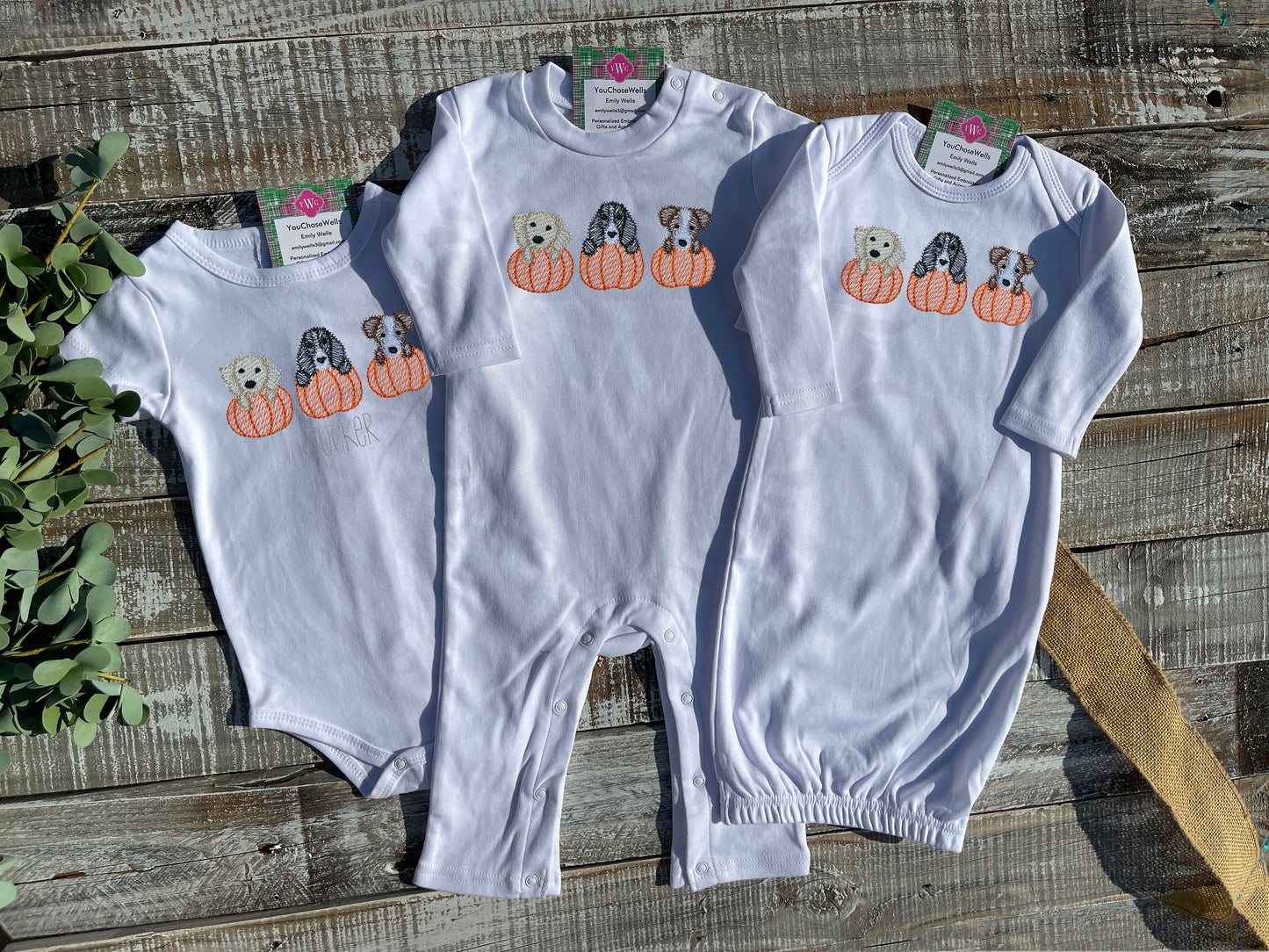 Custom Embroidered, Monogrammed, Personalized Puppy Pumpkin Trio Sketch Gown, Onesie, or Romper