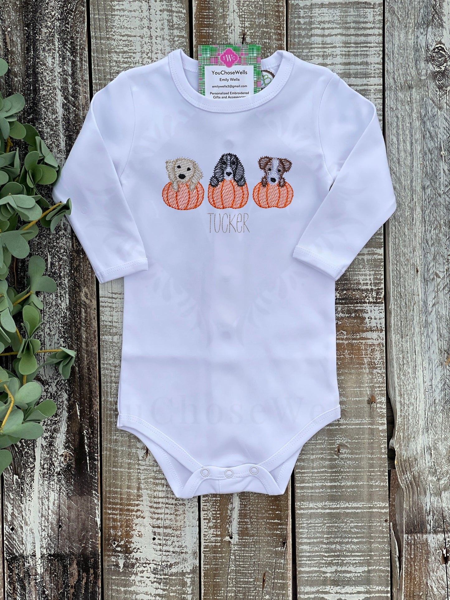 Custom Embroidered, Monogrammed, Personalized Puppy Pumpkin Trio Sketch Gown, Onesie, or Romper