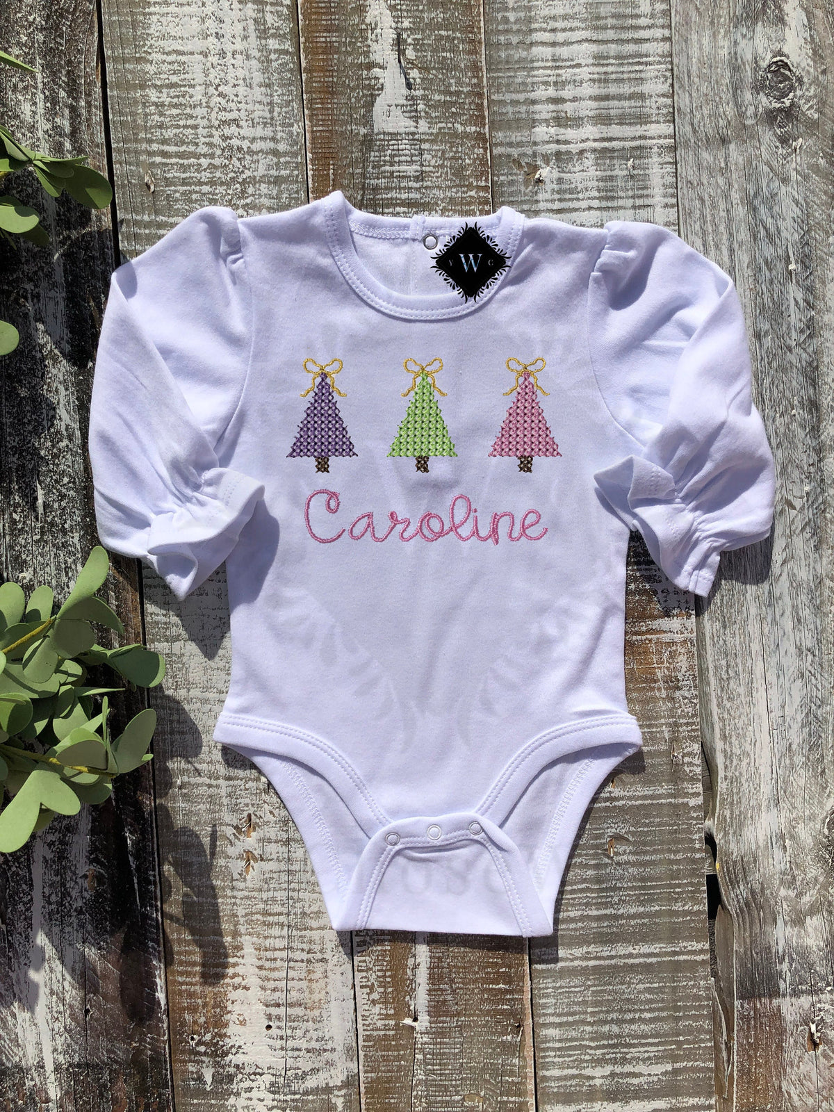 Girl, Embroidered Gown, Onesie, and Romper, Holiday Outfit, Girl Holiday Outfit, Christmas Trees, Custom, Personalized, Baby Gown, Romper
