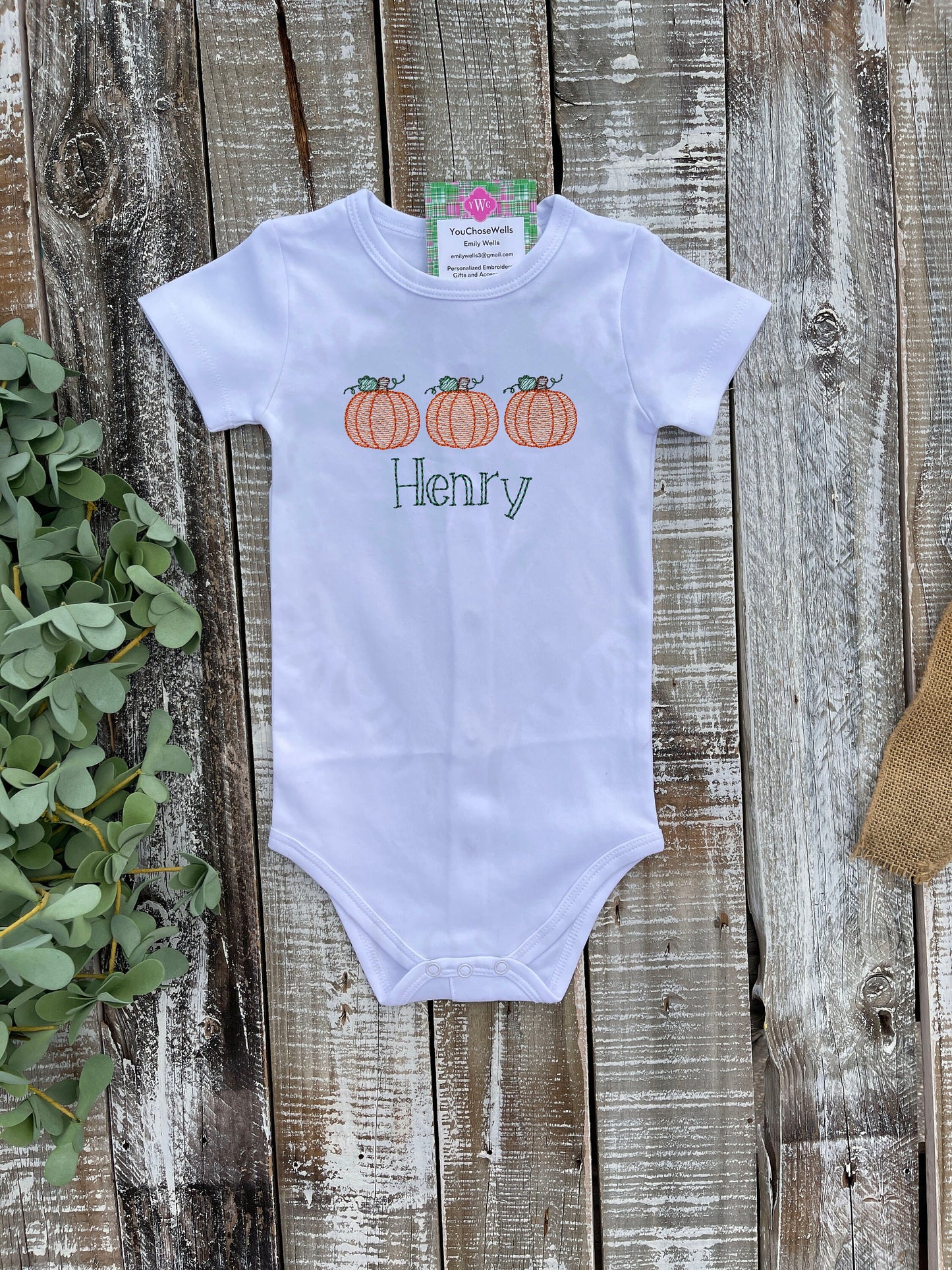 Custom Embroidered, Monogrammed, Personalized Pumpkin Trio Sketch Gown, Onesie, or Romper