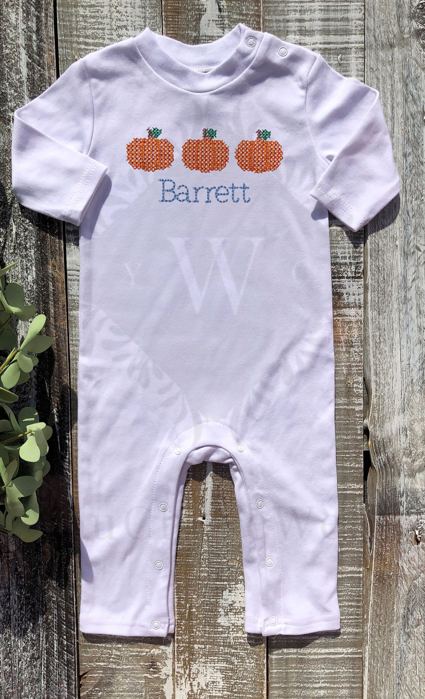 Custom Embroidered, Monogrammed, Personalized Pumpkin Trio Cross Stitch Gown, Onesie, or Romper