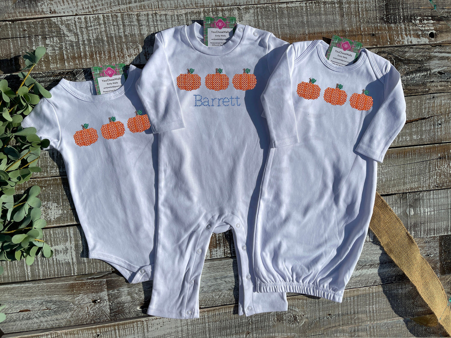 Custom Embroidered, Monogrammed, Personalized Pumpkin Trio Cross Stitch Gown, Onesie, or Romper