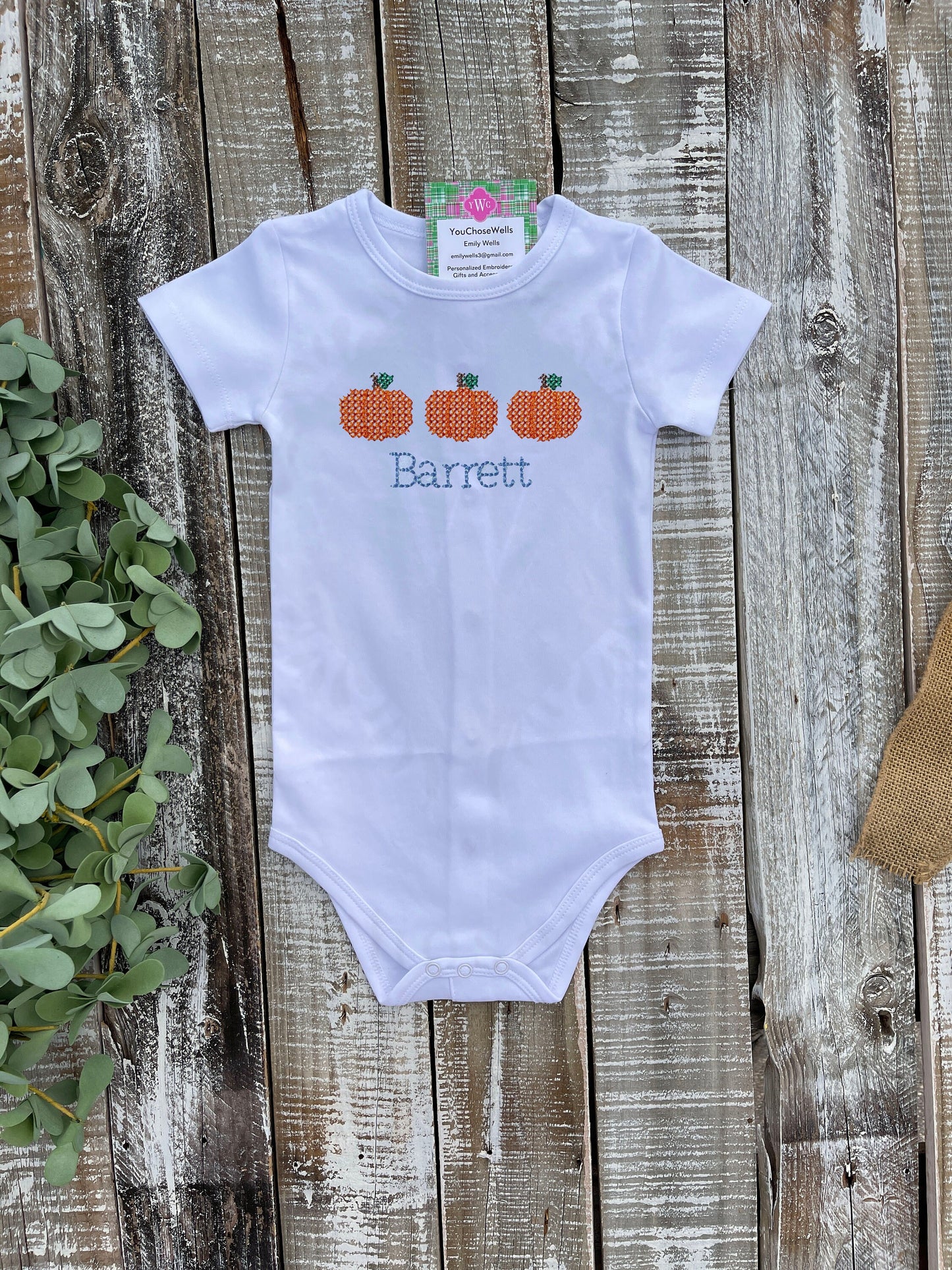 Custom Embroidered, Monogrammed, Personalized Pumpkin Trio Cross Stitch Gown, Onesie, or Romper