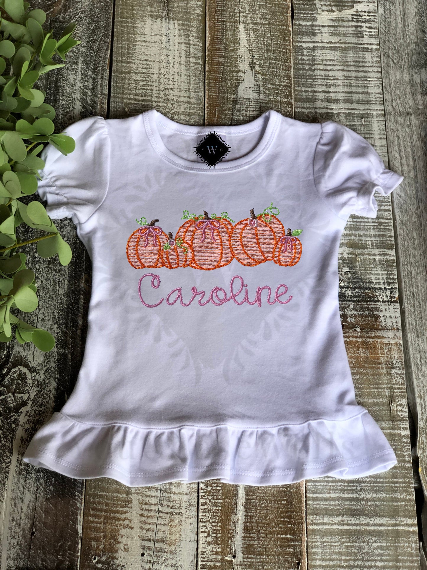 Custom Embroidered, Monogrammed, Personalized Pumpkin Row Sketch Ruffle Shirt and Orange Gingham Pant Set