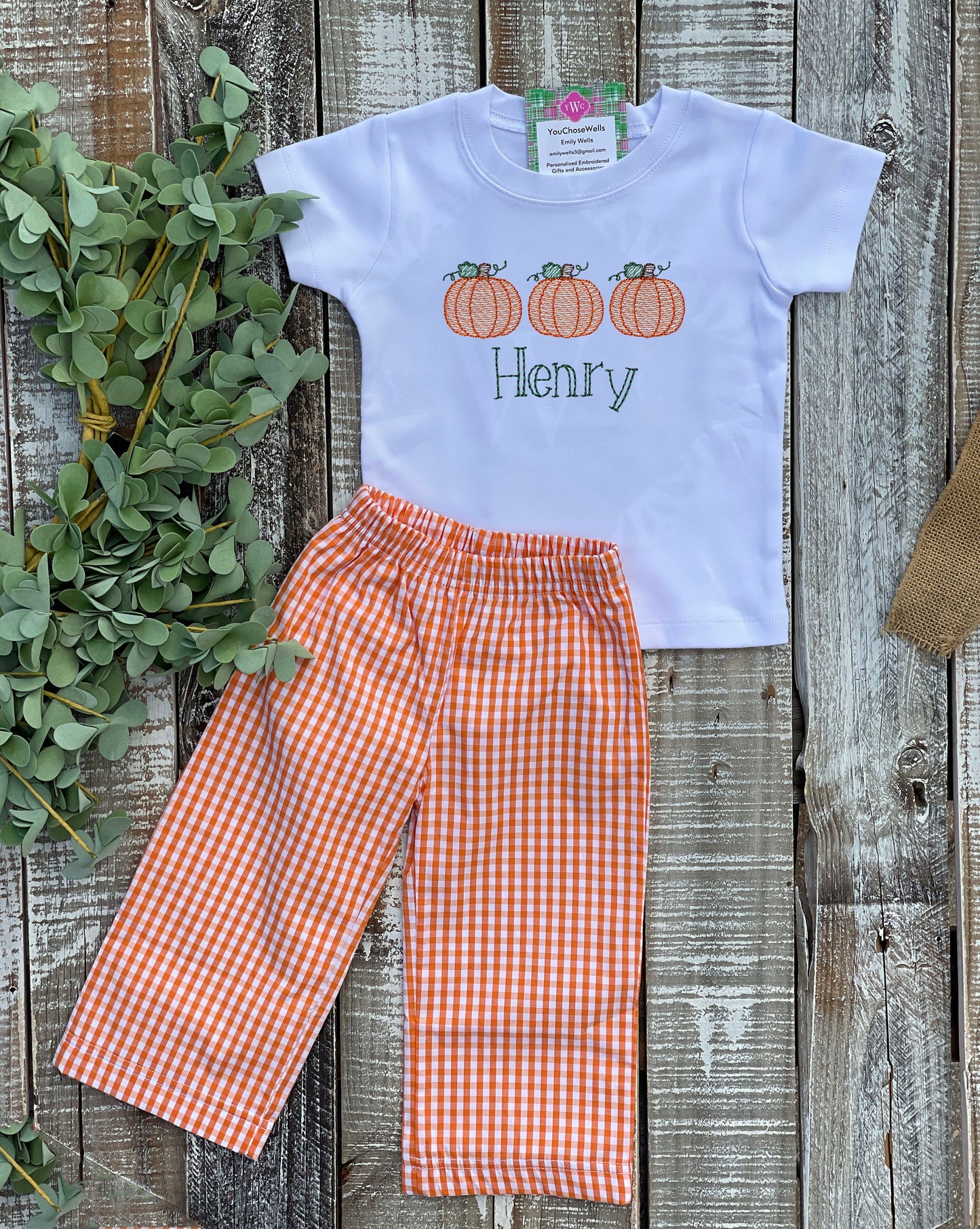 Custom Embroidered, Monogrammed, Personalized Pumpkin Trio Sketch Shirt and Orange Gingham Pant Set