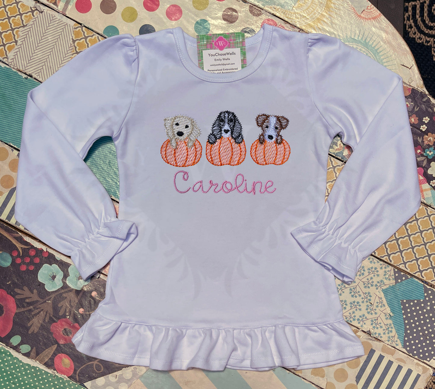 Custom Embroidered, Monogrammed, Personalized Puppy Pumpkin Trio Sketch Ruffle Shirt and Orange Gingham Pant Set