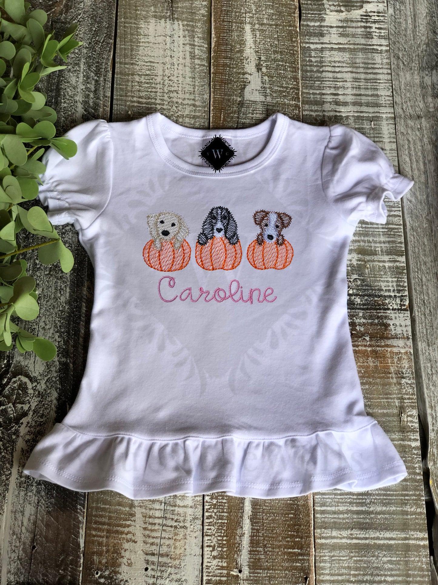 Custom Embroidered, Monogrammed, Personalized Puppy Pumpkin Trio Sketch Ruffle Shirt and Orange Gingham Pant Set