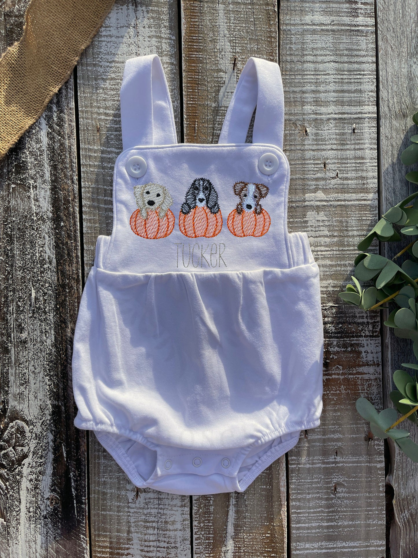 Custom Embroidered, Monogrammed, Personalized Puppy Pumpkin Trio Sketch White or Blue Bubble