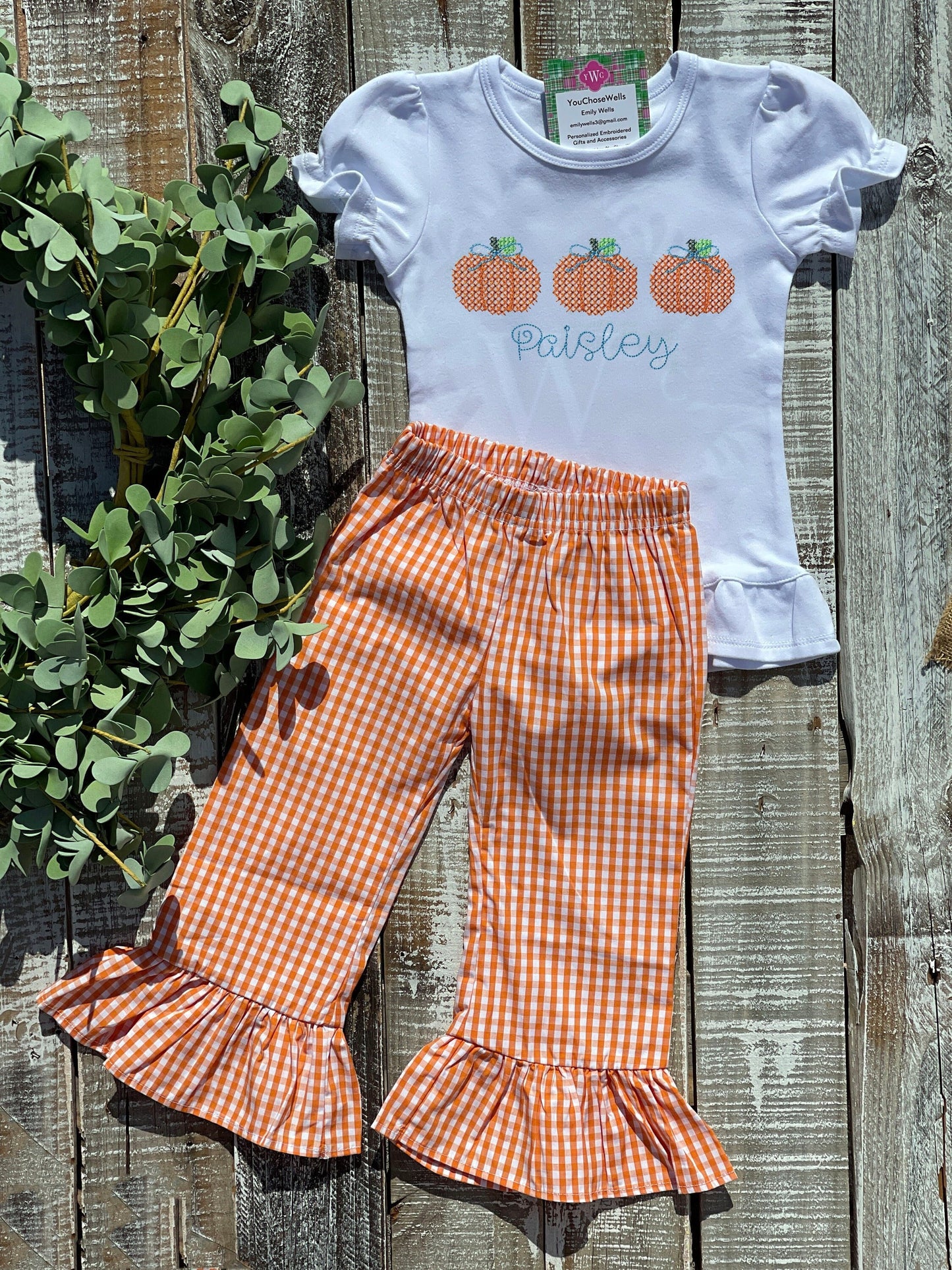 Custom Embroidered, Monogrammed, Personalized Pumpkin Trio Cross Stitch Ruffle Shirt and Orange Gingham Pants