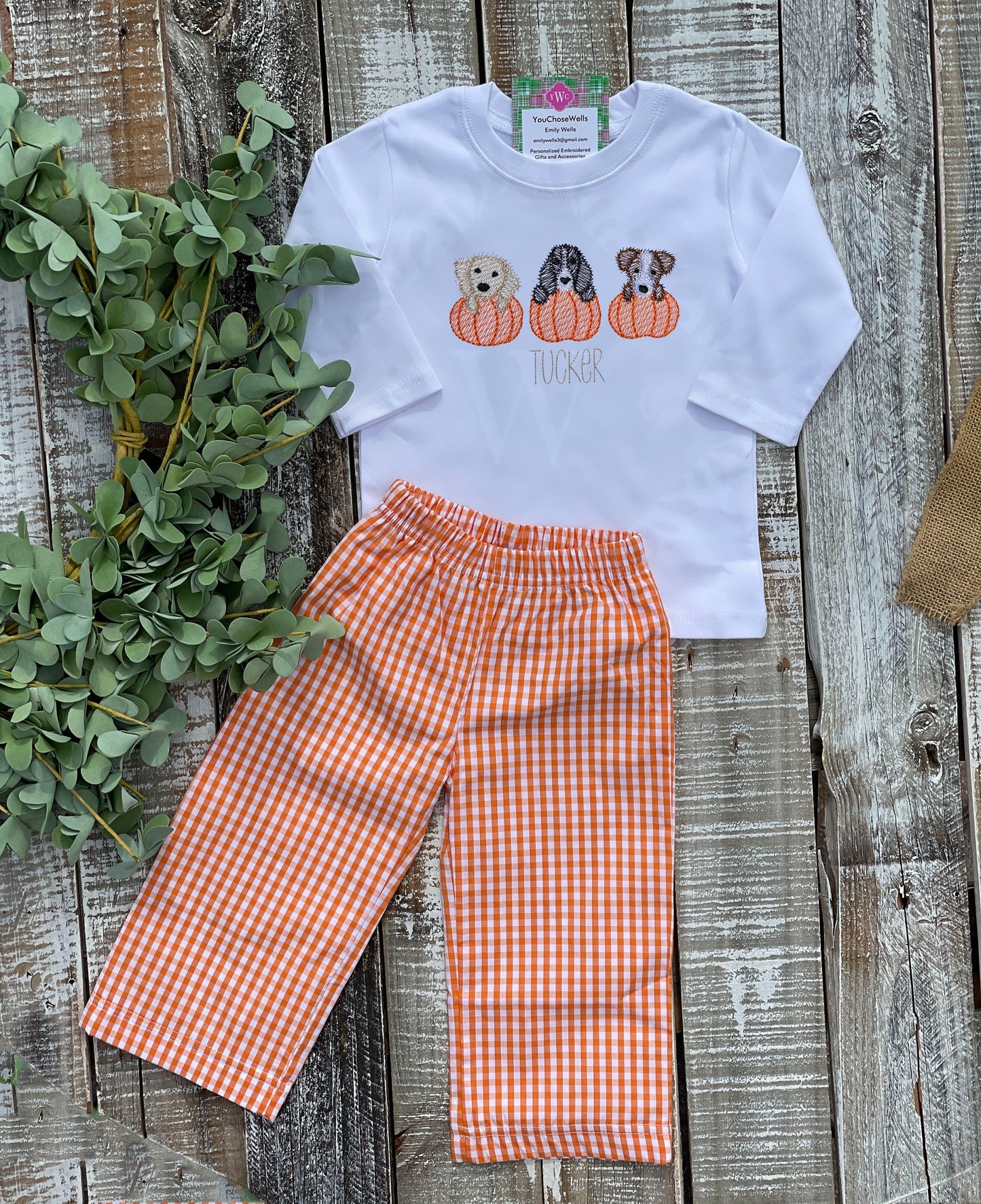 Custom Embroidered, Monogrammed, Personalized Puppy Pumpkin Trio Sketch Shirt and Orange Gingham Pant Set