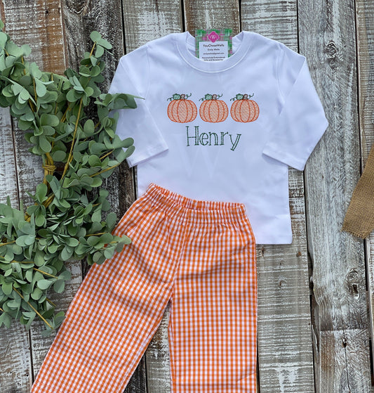 Custom Embroidered, Monogrammed, Personalized Pumpkin Trio Sketch Shirt and Orange Gingham Pant Set