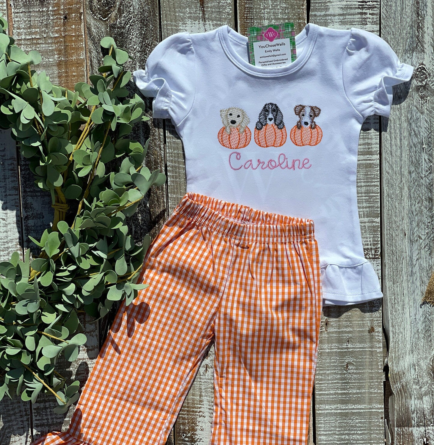 Custom Embroidered, Monogrammed, Personalized Puppy Pumpkin Trio Sketch Ruffle Shirt and Orange Gingham Pant Set