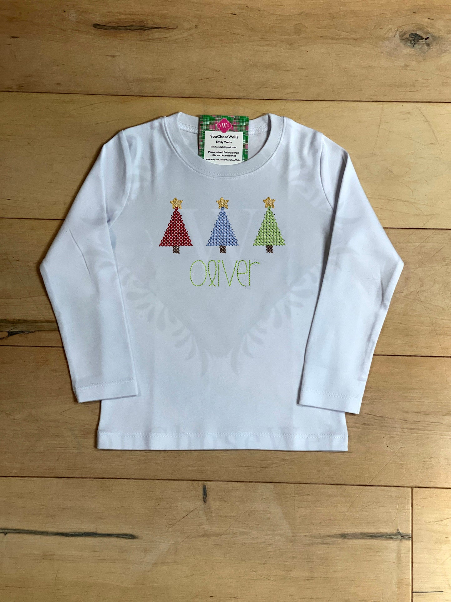 Custom Embroidered, Monogrammed, Personalized Christmas Tree Trio Cross Stitch Shirt and Red Gingham Pants