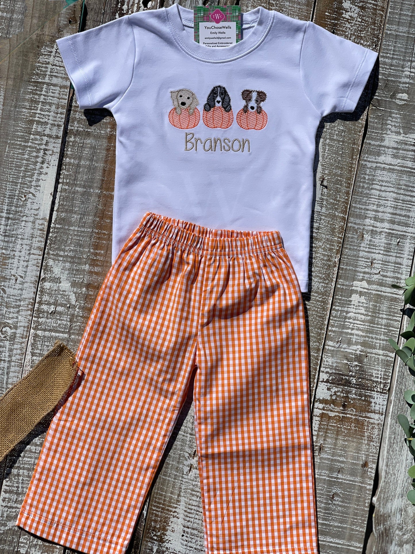 Custom Embroidered, Monogrammed, Personalized Puppy Pumpkin Trio Sketch Shirt and Orange Gingham Pant Set