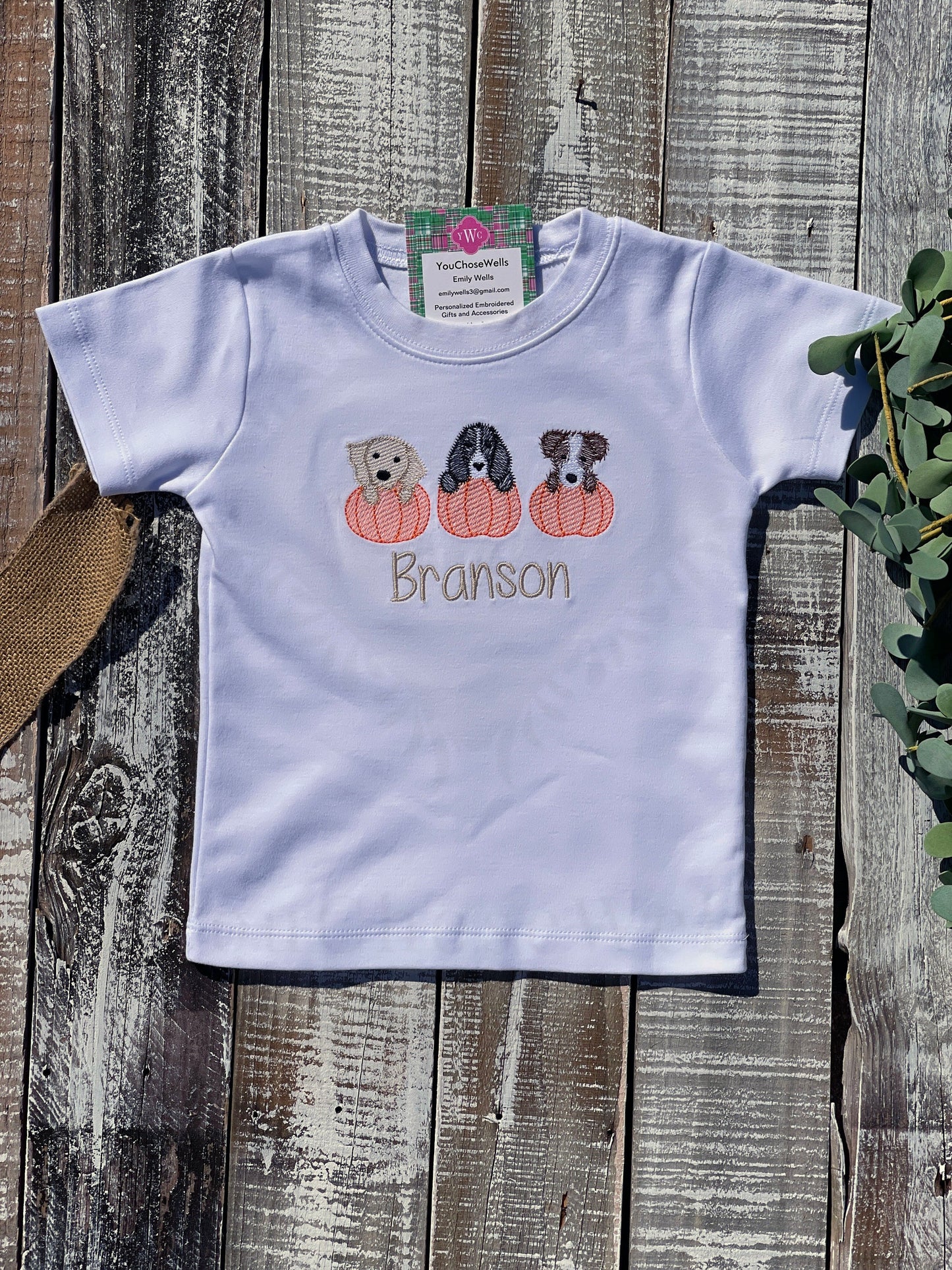 Custom Embroidered, Monogrammed, Personalized Puppy Pumpkin Trio Sketch Shirt and Orange Gingham Pant Set